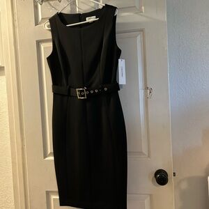 Calvin Klein Black Sleeveless Midi Sheath Dress with Belt